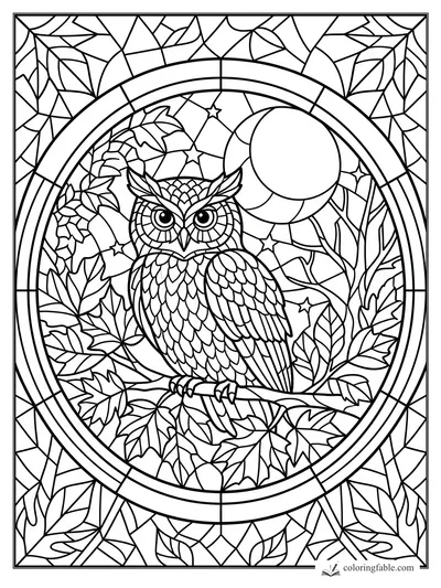 Intricate stained-glass owl perched among maple leaves, stars, and a full moon