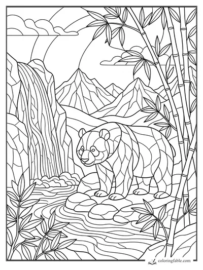 Intricate stained-glass panda by a waterfall with bamboo, river stones, clouds, and jagged mountains.