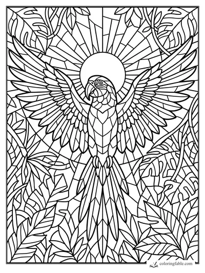Intricate stained-glass parrot with spread wings, sun halo, long tail, and tropical leaves