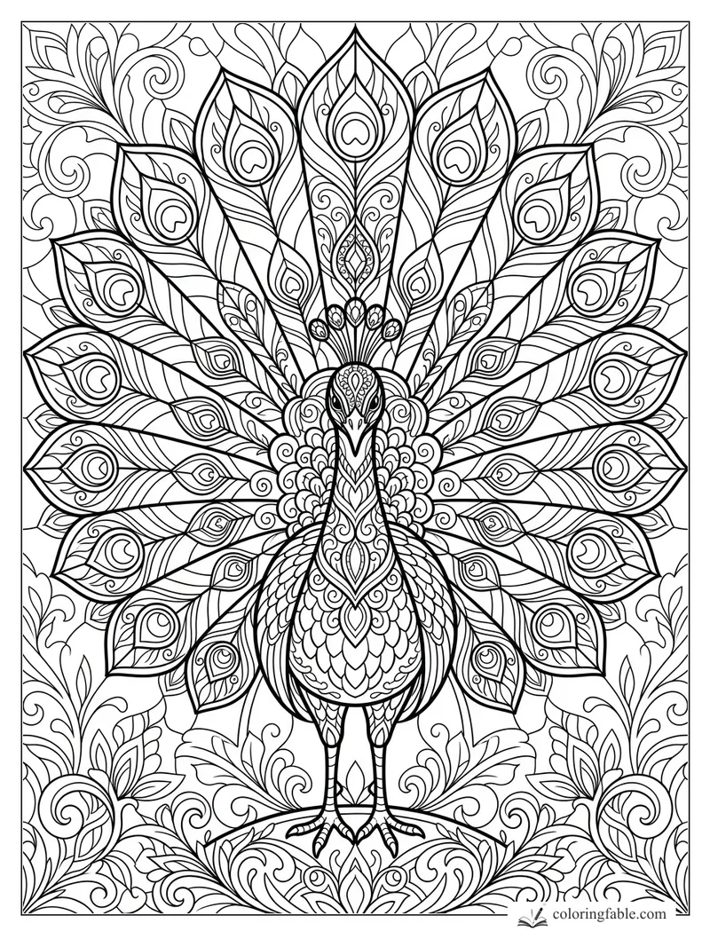Intricate stained-glass peacock with a full fan of patterned tail feathers and swirling floral vines.