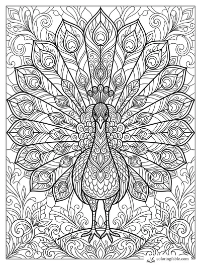 Intricate stained-glass peacock with a full fan of patterned tail feathers and swirling floral vines.