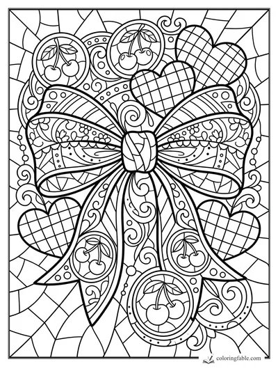 Intricate stained-glass bow with cherry medallions, plaid hearts, curls, flowers, and ribbon tails.
