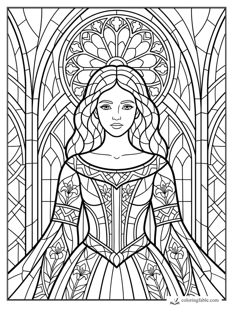 Intricate stained-glass princess with flowing hair, lily sleeves, and a round rose window halo