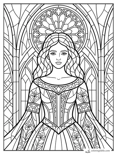 Intricate stained-glass princess with flowing hair, lily sleeves, and a round rose window halo