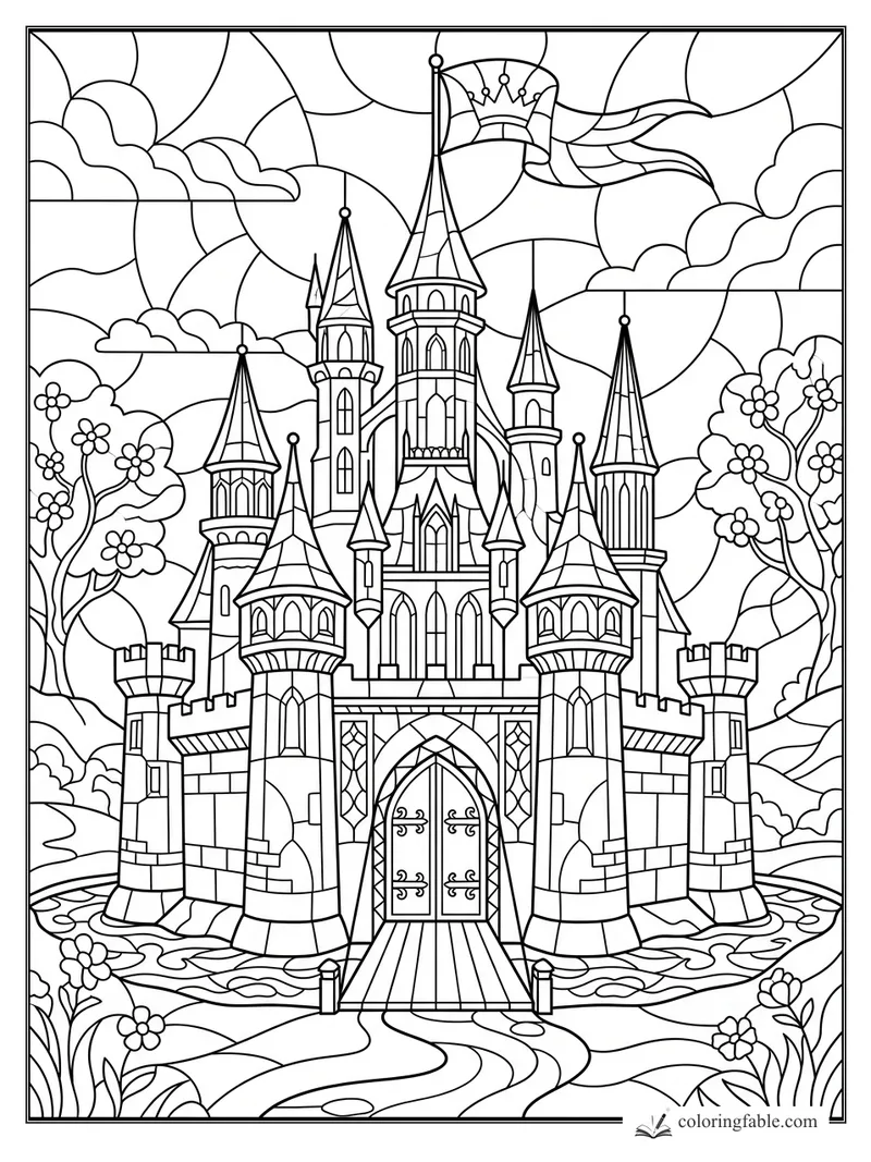 Intricate stained-glass princess castle with tall towers, arched doors, flowers, clouds, and a waving crown banner