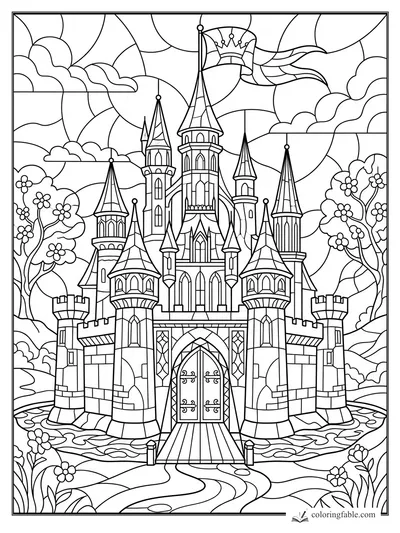 Intricate stained-glass princess castle with tall towers, arched doors, flowers, clouds, and a waving crown banner
