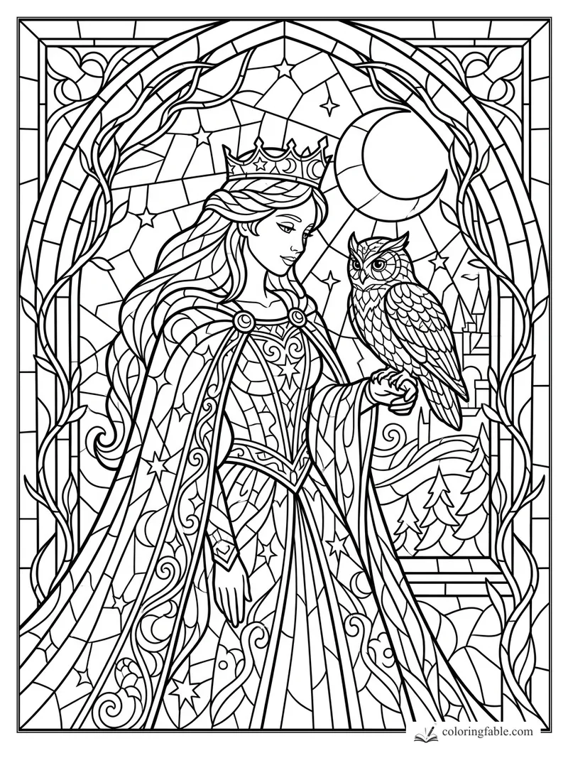 Stained-glass princess holding an owl beneath a crescent moon, with vines, stars, and a distant castle