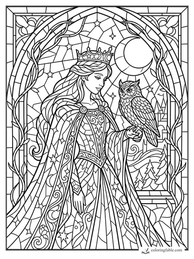Stained-glass princess holding an owl beneath a crescent moon, with vines, stars, and a distant castle
