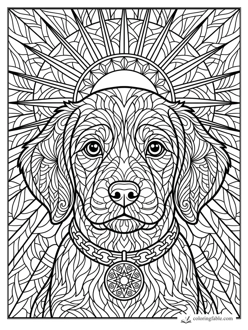 Intricate stained-glass puppy portrait with floppy ears, chain collar, medallion, leaves, and sunburst halo