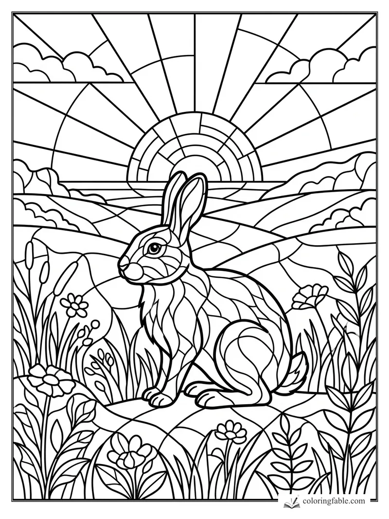 Intricate stained-glass rabbit in a meadow with wildflowers, rolling hills, clouds, and a rising sun