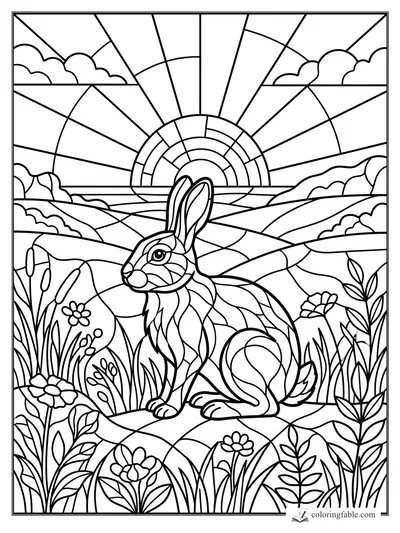 Intricate stained-glass rabbit in a meadow with wildflowers, rolling hills, clouds, and a rising sun