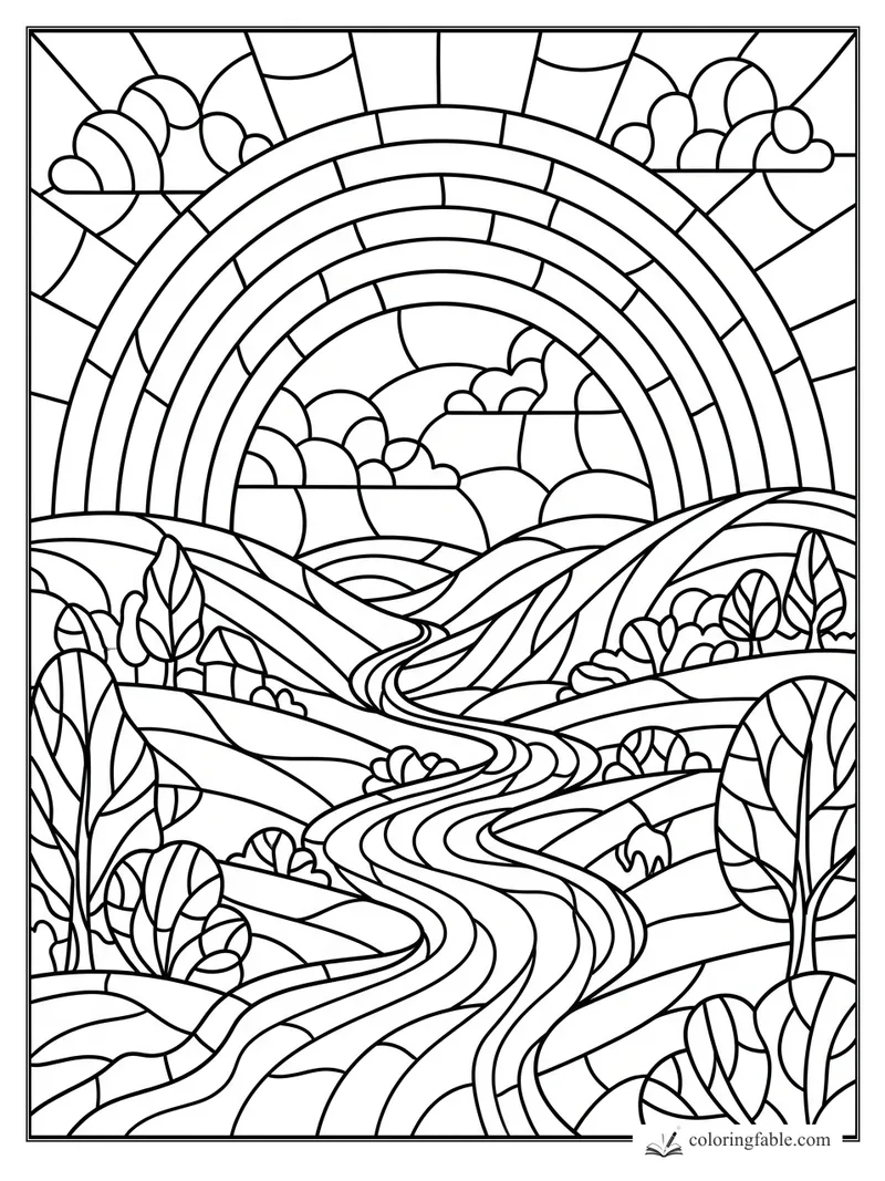 Intricate stained-glass rainbow over rolling hills, clouds, trees, and a winding river valley