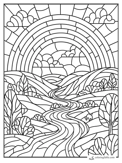 Intricate stained-glass rainbow over rolling hills, clouds, trees, and a winding river valley