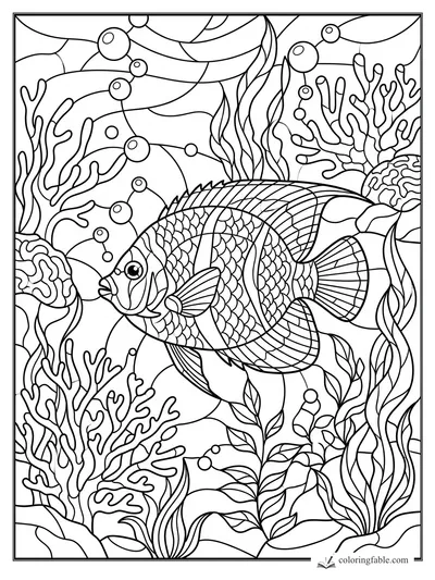 Intricate stained-glass reef fish swimming past coral, bubbles, and flowing seaweed.