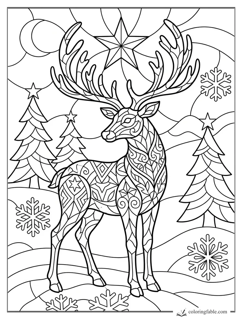 Intricate stained-glass reindeer with huge antlers, star, pine trees, snowy hills, and snowflakes.