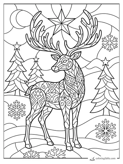 Intricate stained-glass reindeer with huge antlers, star, pine trees, snowy hills, and snowflakes.