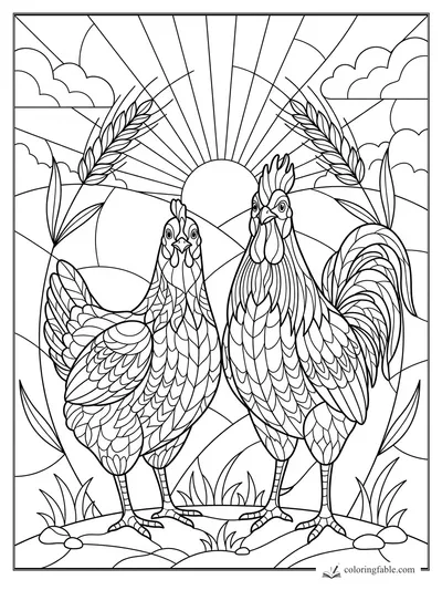 Intricate stained-glass rooster and hen with wheat stalks, hills, clouds, and sunrise rays