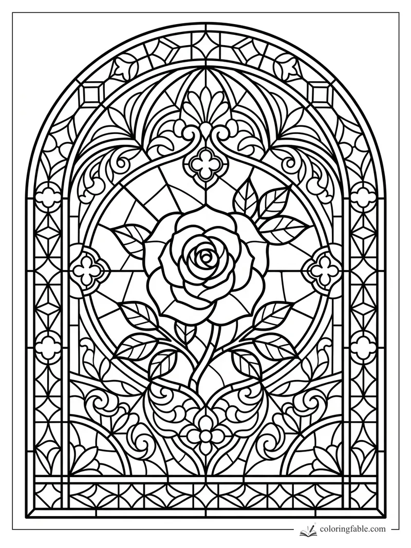Stained-glass rose coloring page with arched frame, leaves, scrollwork, and geometric panes