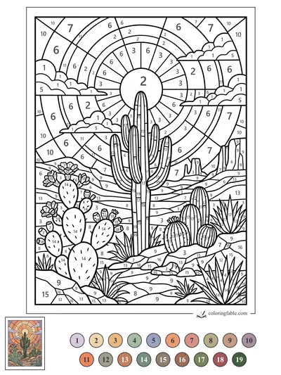 Stained-Glass Saguaro at Sunset — color by number