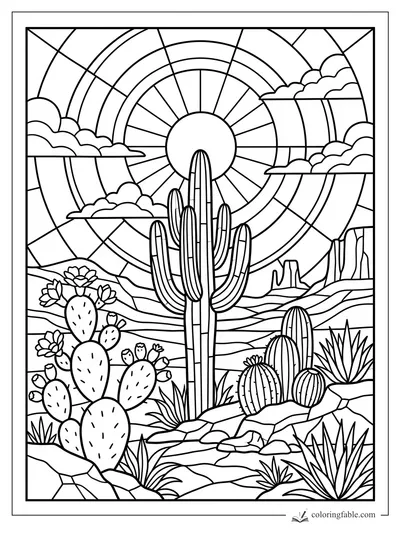 Intricate stained-glass cactus scene with saguaro, prickly pear, barrel cacti, clouds, mesas, and sunburst.