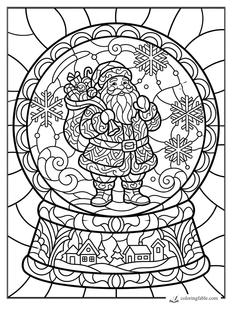 Intricate stained-glass Santa in a snow globe with snowflakes, toys, village houses, and swirling trim