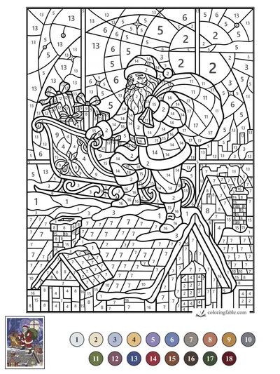Stained-Glass Santa Stepping Across Snowy Rooftops — color by number
