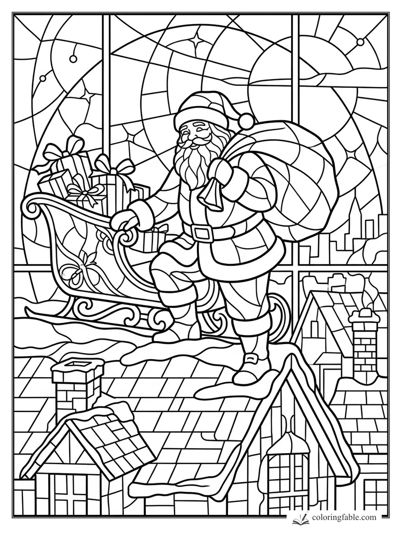 Stained-glass Santa with toy sack beside a gift-filled sleigh on snowy rooftops under a bright moon.