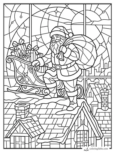 Stained-glass Santa with toy sack beside a gift-filled sleigh on snowy rooftops under a bright moon.