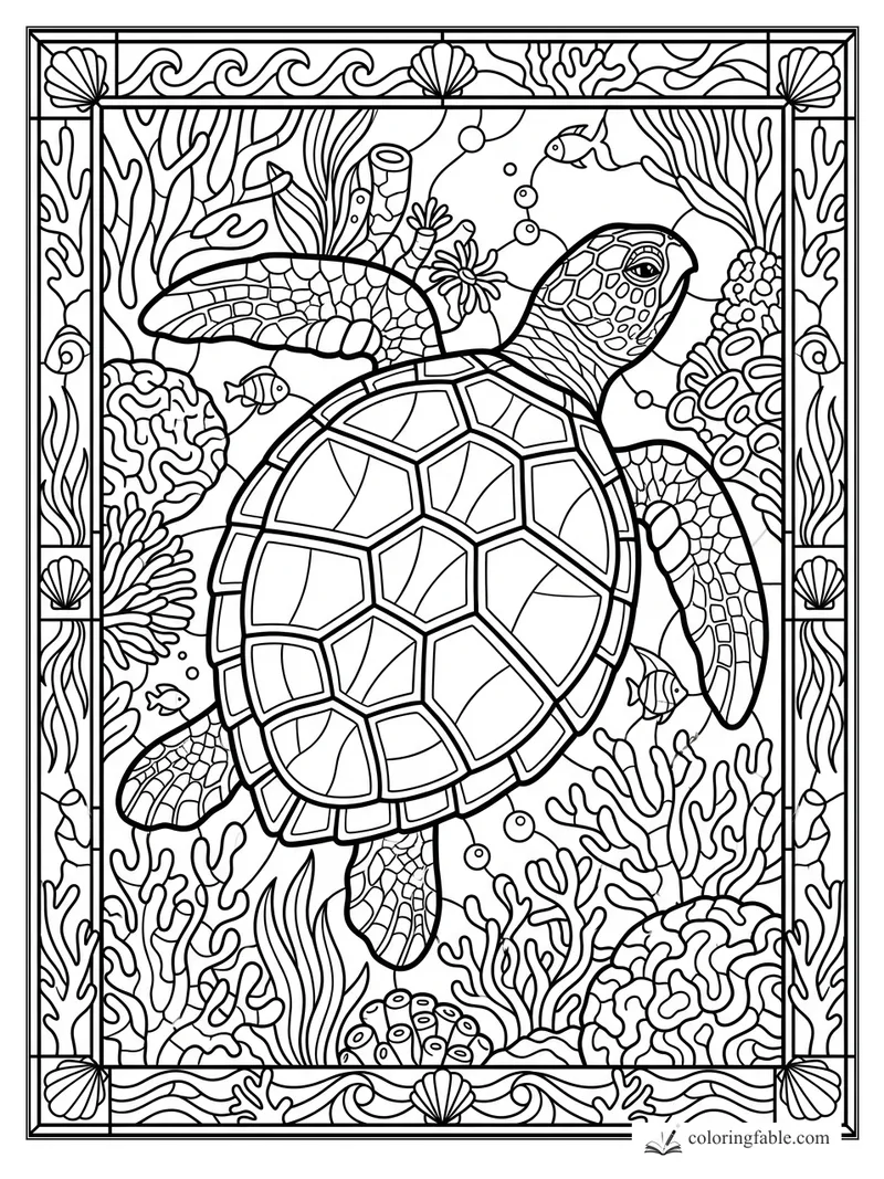 Intricate stained-glass sea turtle swimming through coral, fish, bubbles, shells, and wave borders