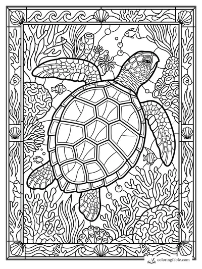 Intricate stained-glass sea turtle swimming through coral, fish, bubbles, shells, and wave borders
