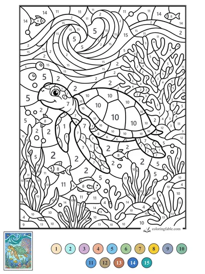 Stained Glass Sea Turtle in a Coral Reef — color by number