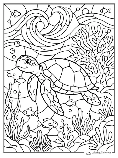Cartoon stained glass sea turtle swimming past coral, fish, bubbles, and curling ocean waves.