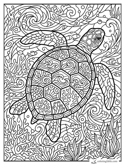 Intricate stained-glass sea turtle with patterned shell, fish, coral, bubbles, and curling ocean waves.