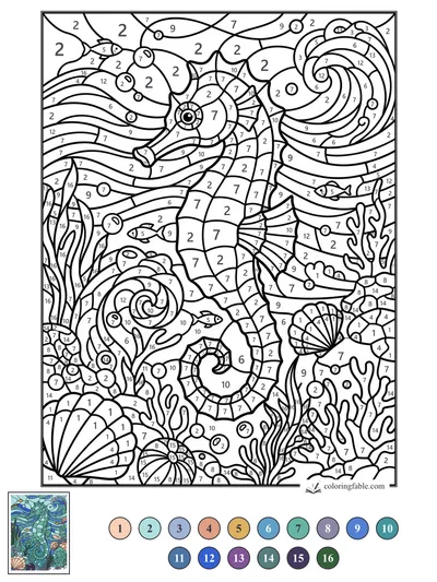 Stained-Glass Seahorse in a Swirling Reef — color by number