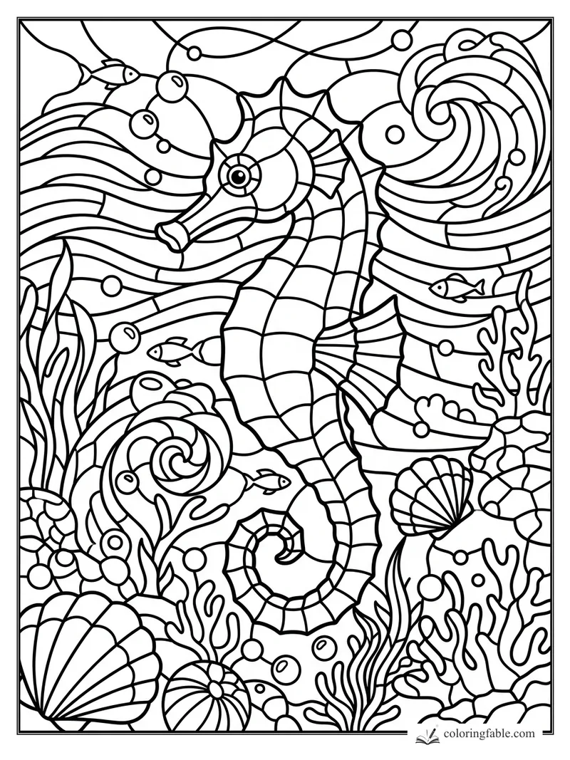 Stained-glass seahorse coloring page with fish, shells, bubbles, coral, and curling ocean currents
