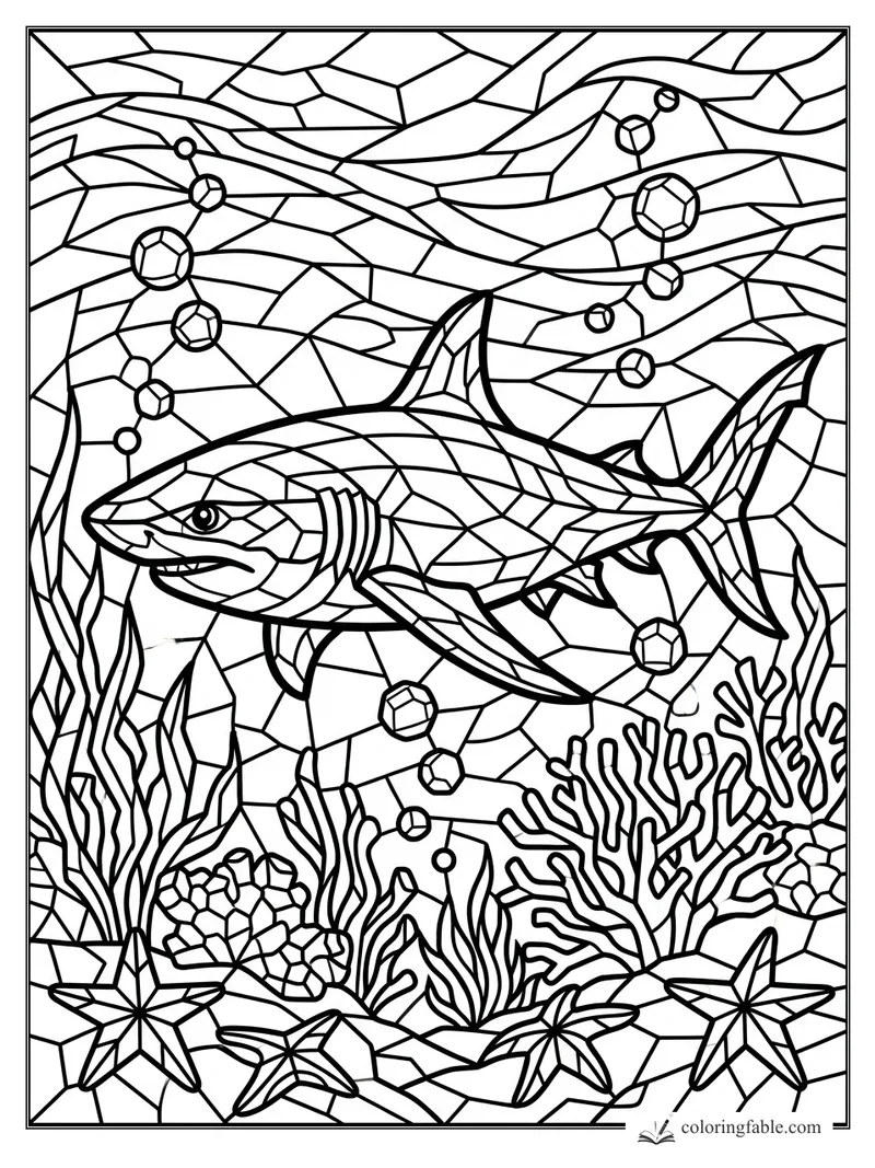 Intricate stained-glass shark swimming among coral, seaweed, bubbles, starfish, and wavy currents.