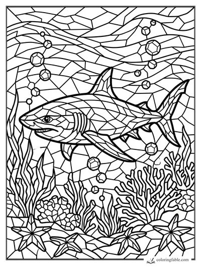 Intricate stained-glass shark swimming among coral, seaweed, bubbles, starfish, and wavy currents.
