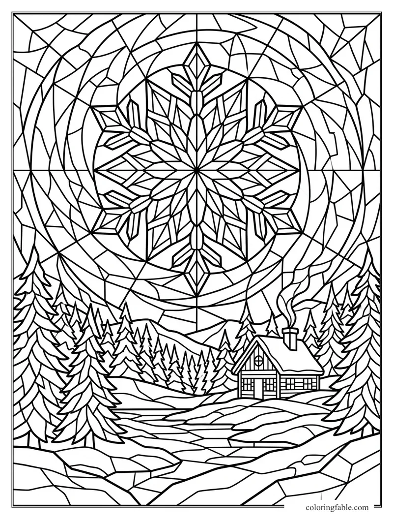Intricate stained-glass winter scene with a large snowflake, pine forest, mountains, cabin, and chimney smoke.