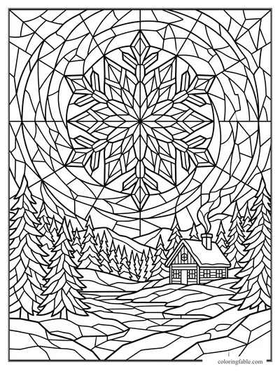 Intricate stained-glass winter scene with a large snowflake, pine forest, mountains, cabin, and chimney smoke.