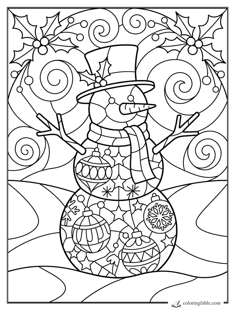 Stained-glass snowman with top hat, scarf, carrot nose, ornaments, holly, and swirling winter hills.