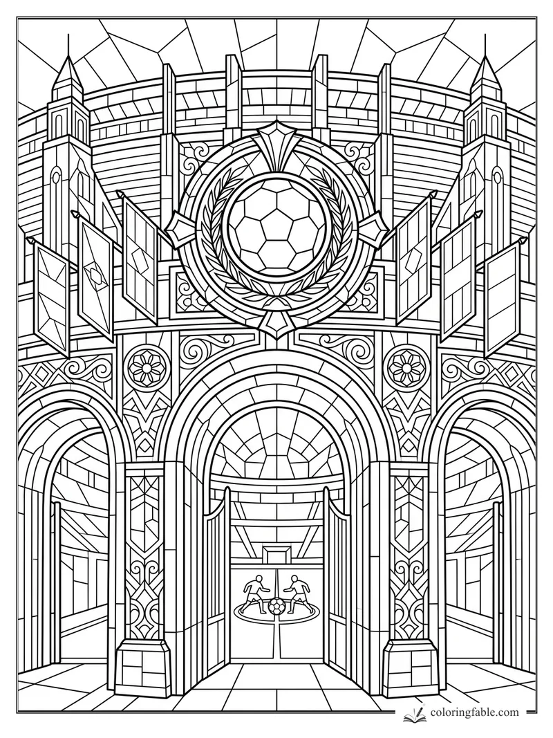 Intricate stained-glass soccer stadium entrance with arches, flags, laurel crest, and central ball emblem.