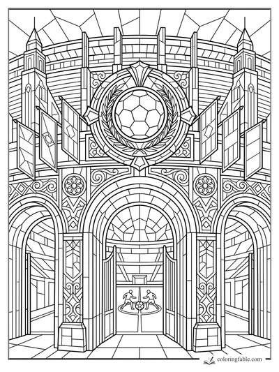 Intricate stained-glass soccer stadium entrance with arches, flags, laurel crest, and central ball emblem.