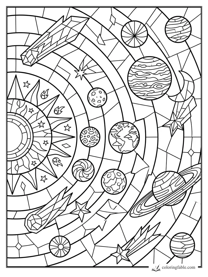 Stained-glass space coloring page with sun, planets, comets, stars, and curved orbital bands.