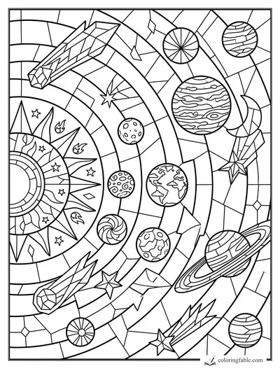 Stained-glass space coloring page with sun, planets, comets, stars, and curved orbital bands.