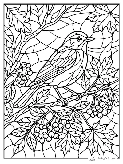 Intricate stained-glass songbird perched on a branch amid autumn leaves and berry clusters.