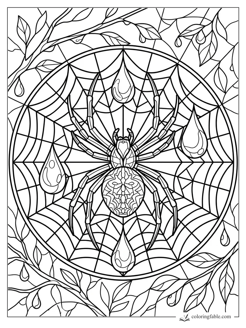 Intricate stained-glass spider on a round web with leaves and hanging dew drops