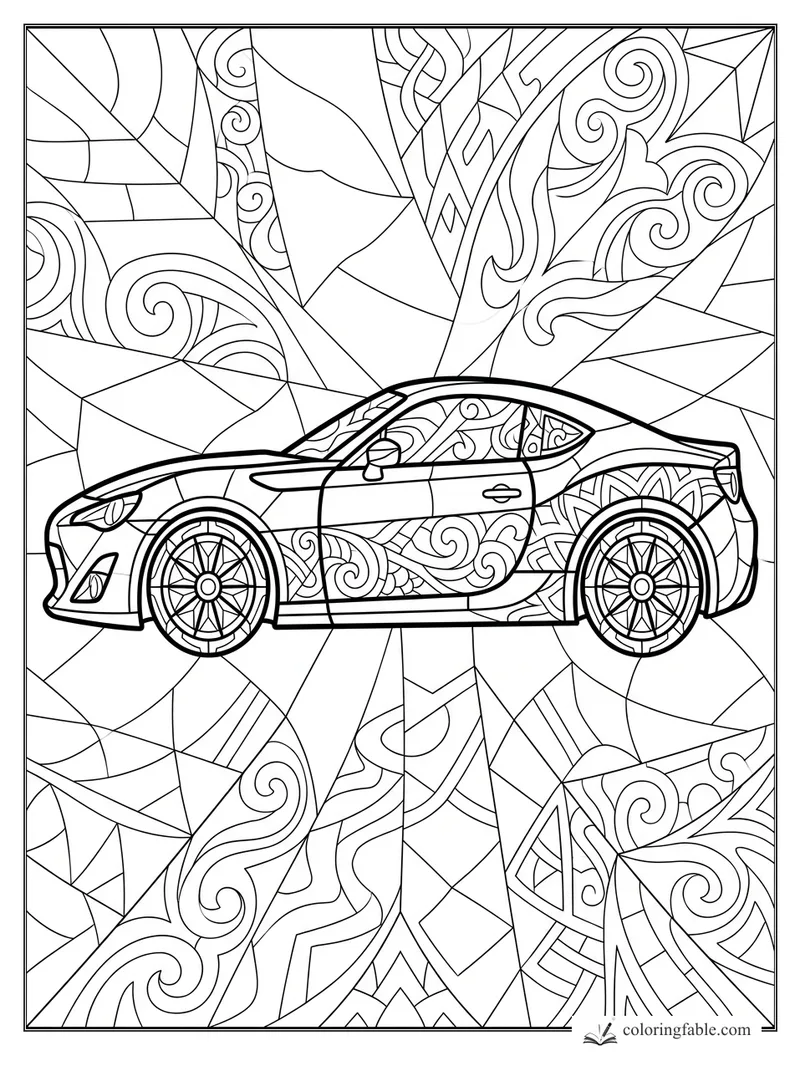 Intricate stained-glass sports car coloring page with swirl panels, spoked wheels, and geometric background