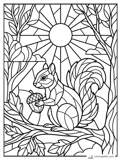 Intricate stained-glass squirrel holding an acorn beneath a sunburst, framed by leafy branches.