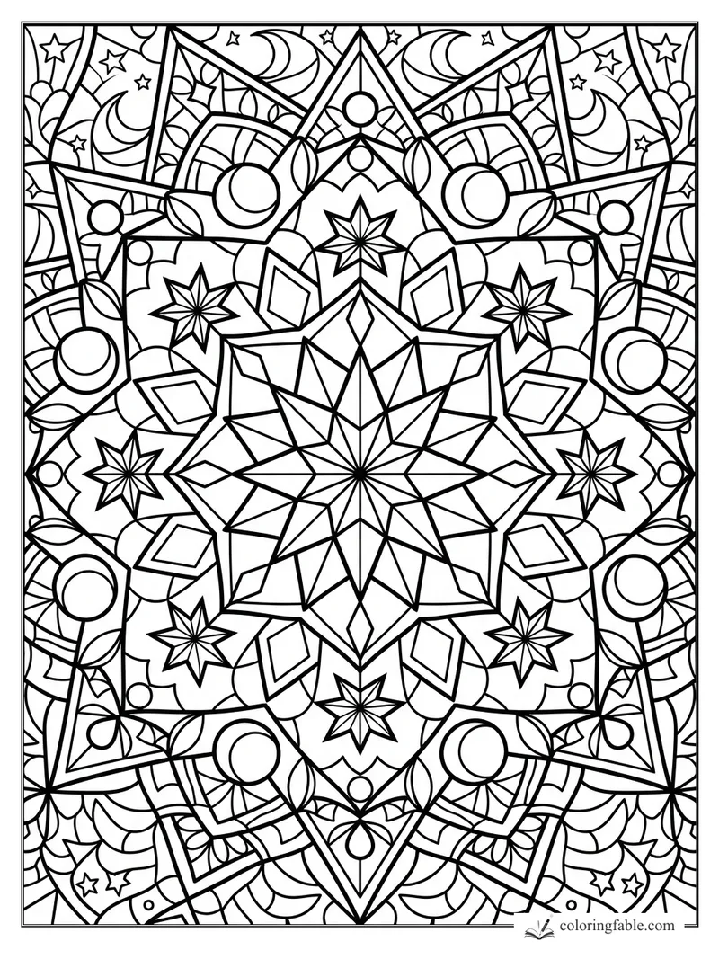 Intricate stained-glass mandala with a central star, crescent moons, circles, leaves, and tiny stars.