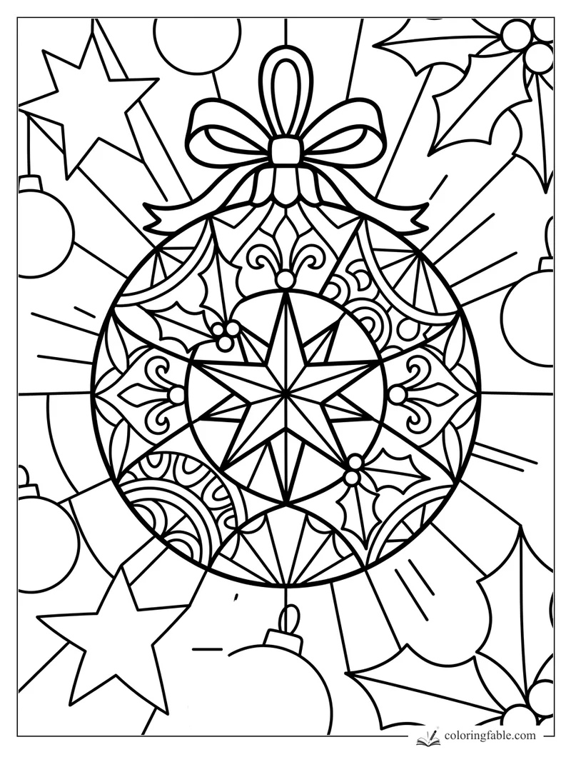 Stained-glass ornament with a central star, bow, holly leaves, berries, stars, and hanging baubles.